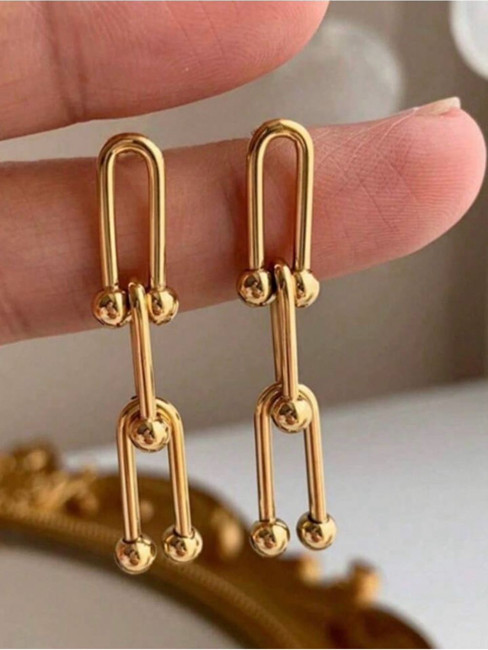 Stainless Steel Gold Link Drop Earrings - Women's Fashion Jewelry
